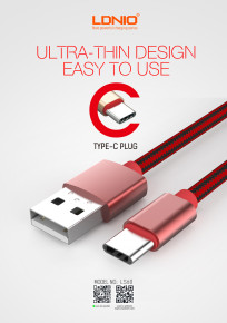 USB кабел TYPE-C LDNIO LS-60 2.4A с текстилна оплетка 1 метър червен